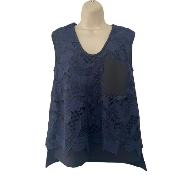 Grey Jason Wu Woman's Sz 4 Sleeveless Layered Floral Lace Top Black & Blue - Picture 2 of 7